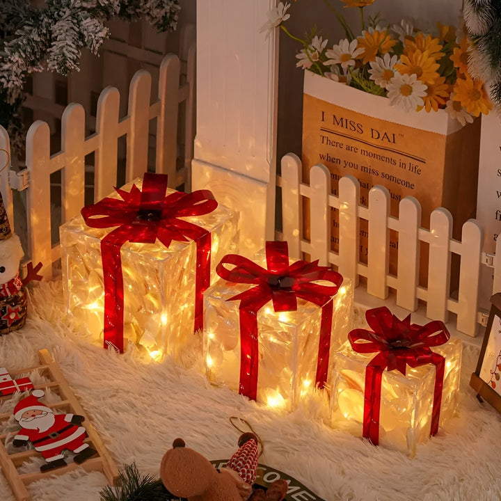 Bright gift boxes in a set of 3 – Transparent Christmas decoration with red ribbons | For indoors & outdoors | Stornfield