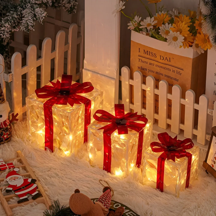 Bright gift boxes in a set of 3 – Transparent Christmas decoration with red ribbons | For indoors & outdoors | Stornfield