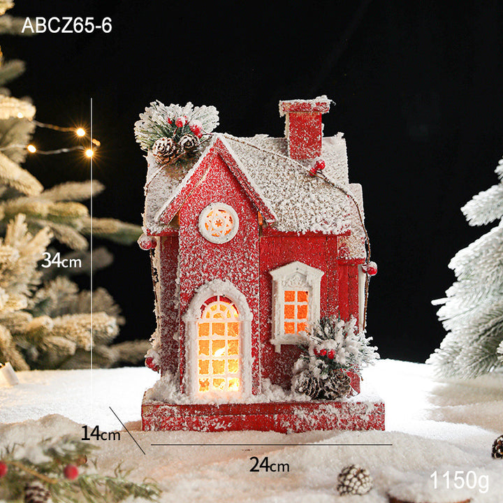 Illuminated wooden Christmas house in European retro style