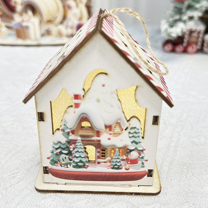 Illuminated Christmas wooden house in Scandinavian style