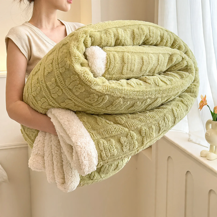 Jacquard sofa blanket with lamb fleece imitation, double-layered