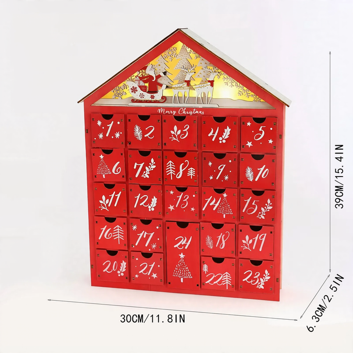 Illuminated wooden Advent calendar in cabin design