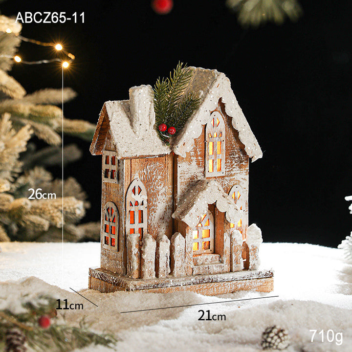 Illuminated wooden Christmas house in European retro style