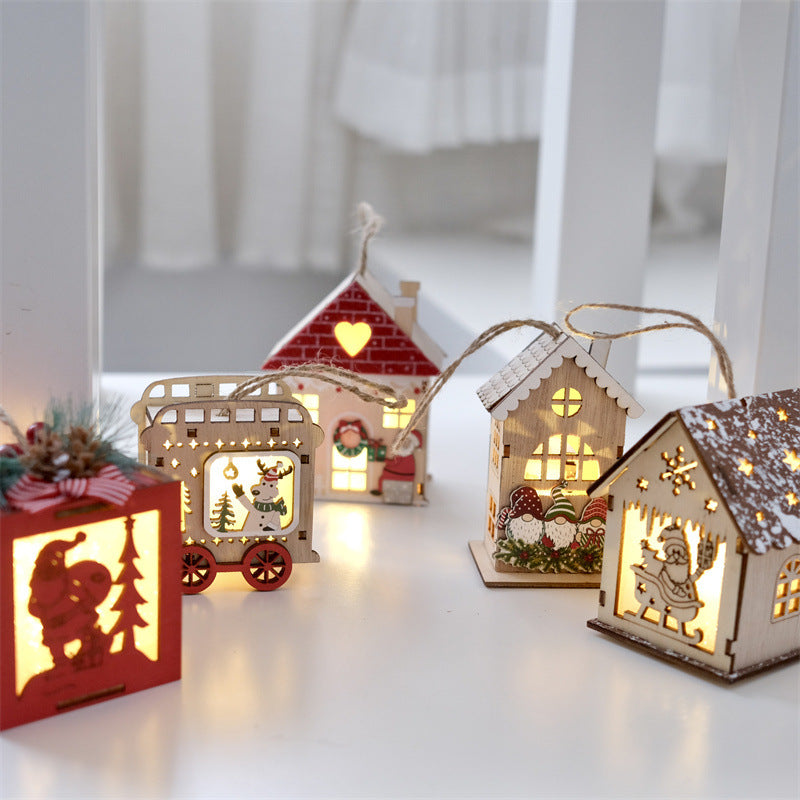 Illuminated wooden house, Christmas decoration for hanging or placing
