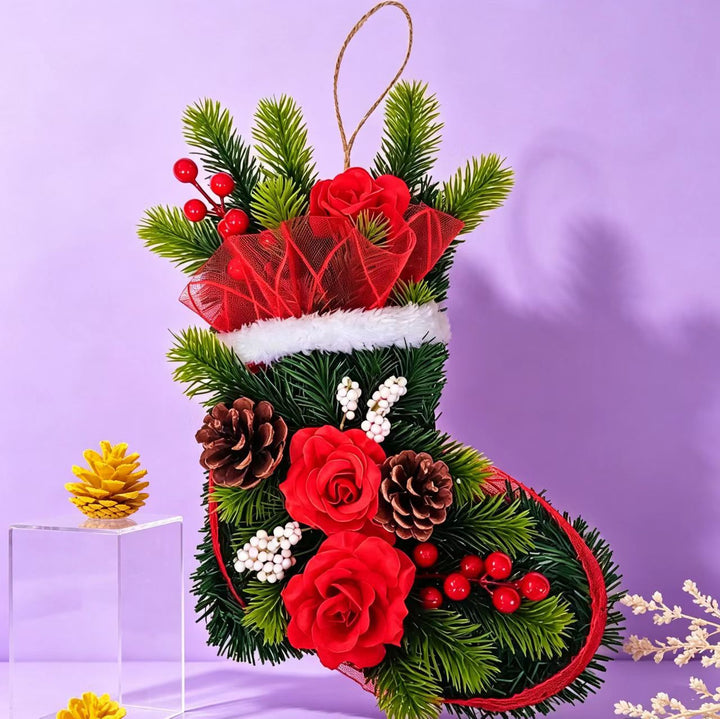 Christmas door wreath in boot shape