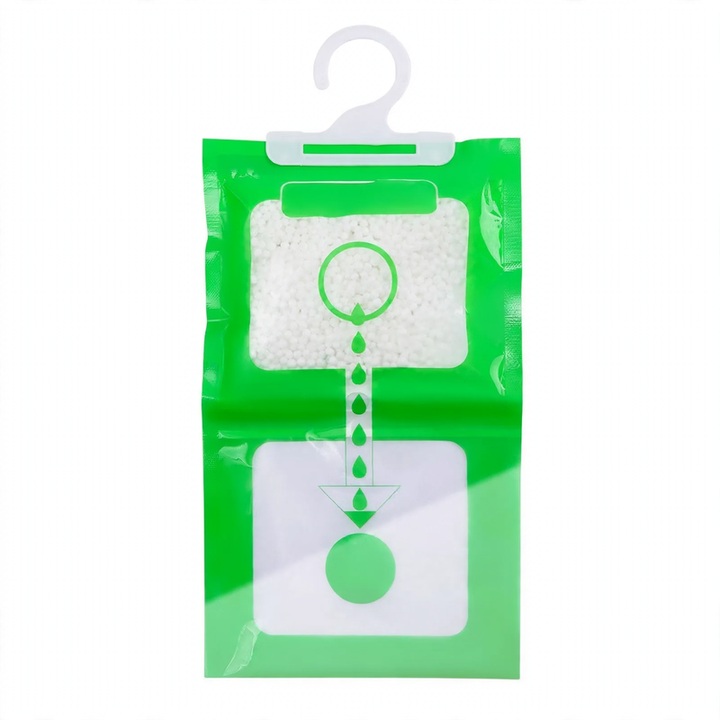 Hanging dehumidifying bag against moisture