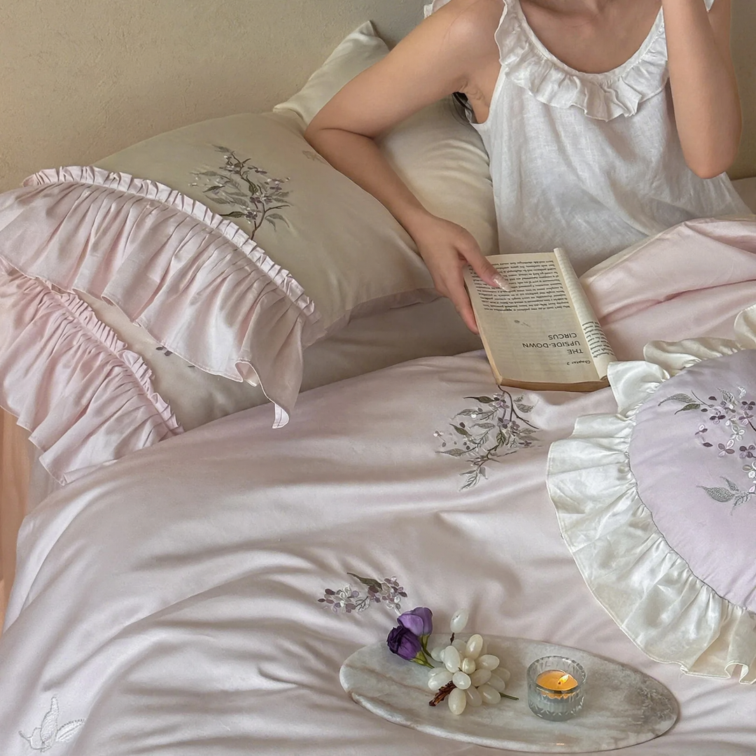 100s Long-staple cotton bedding set with embroidery and lace