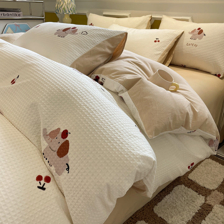 Cotton bedding set, waffle pique look, printed