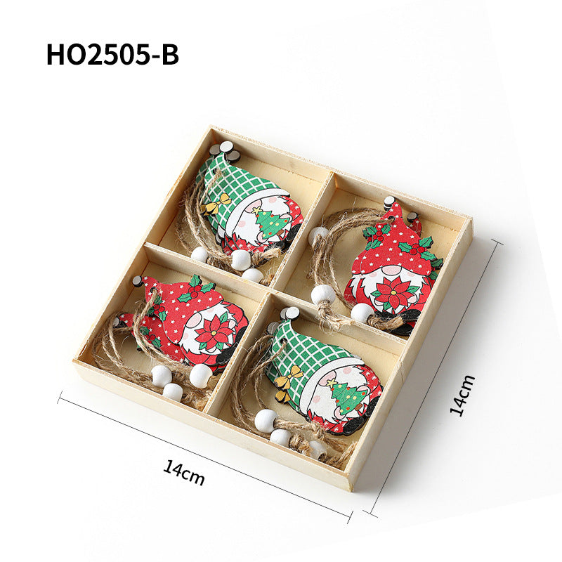 Christmas wooden pendant set, 4-piece box with gnome motifs