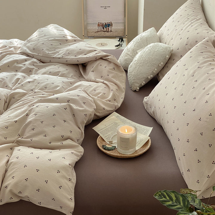 Cotton jersey bedding set, 4-piece, with plant motif