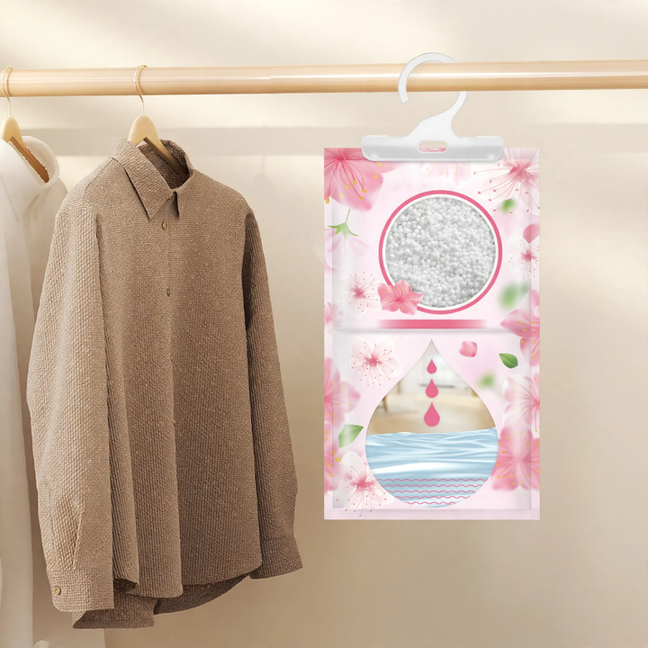 Fragrance dehumidifier bag for hanging in wardrobes