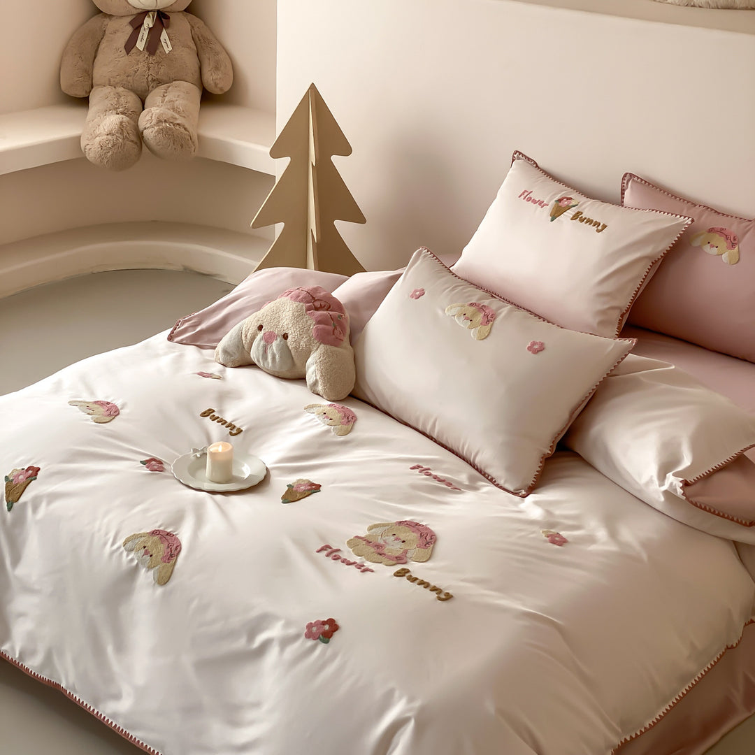 Cotton bedding set with towel embroidery, 4-piece