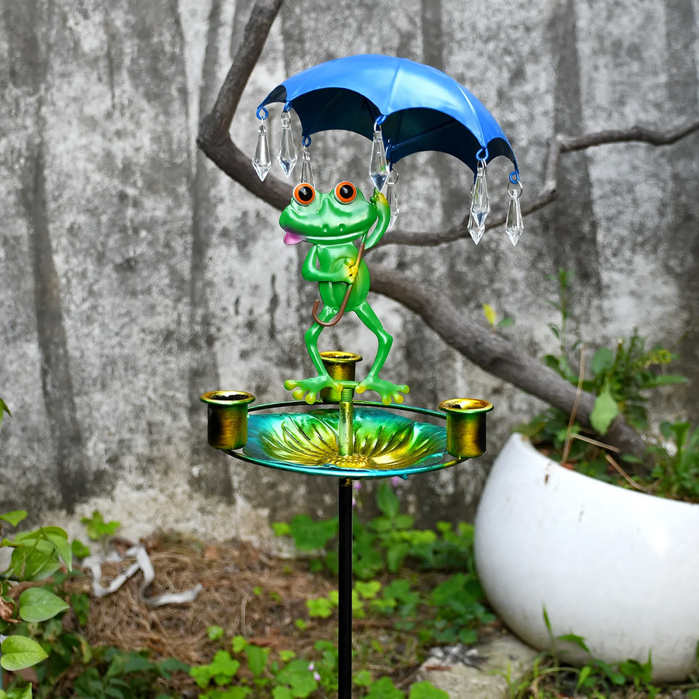 Decorative frog birdbath with iron umbrella