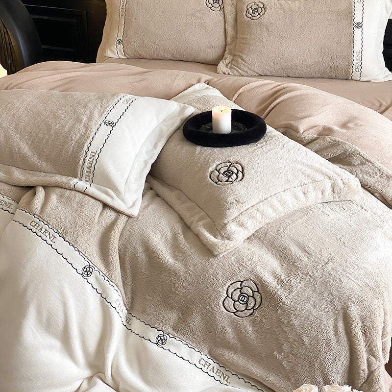 Milk fiber fleece bedding set, embroidered, winter warm