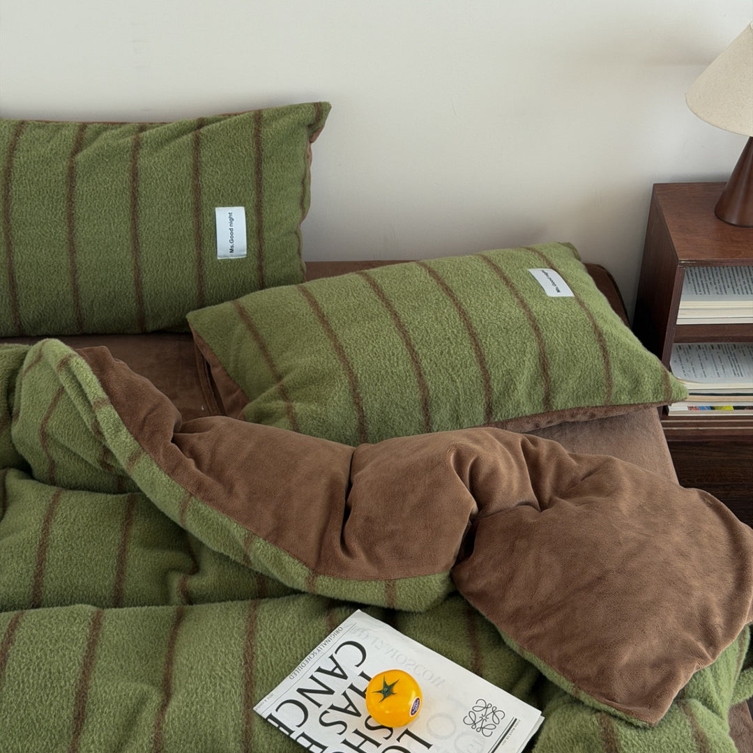 Milk fiber fleece bedding set, striped, thickened