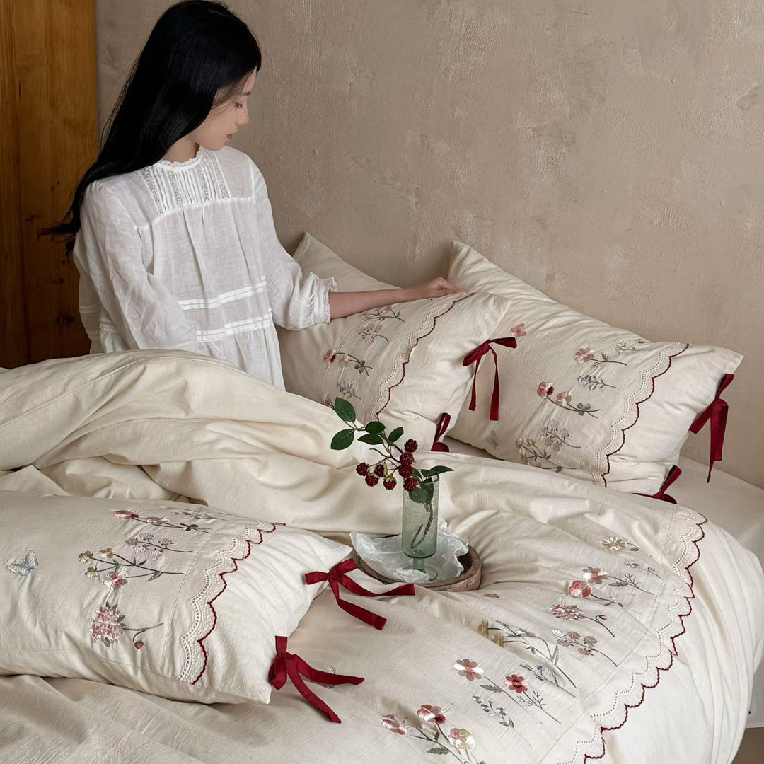 Cotton-linen bedding set, embroidered, French
