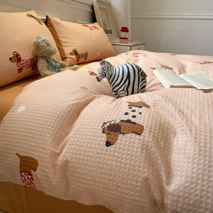 Cotton bedding set, waffle pique look, printed