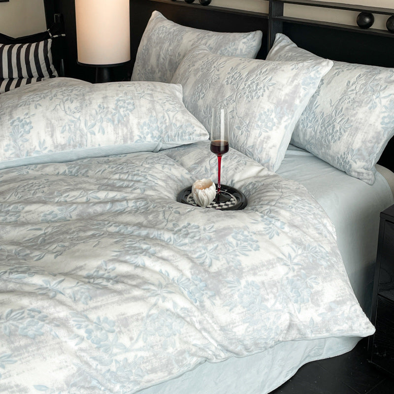 Milk fiber fleece bedding set, winter warm, floral