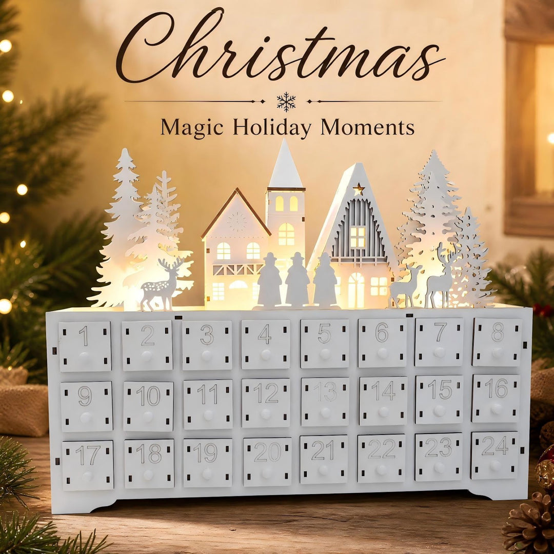 Wooden Advent Calendar, Village Design, 24 Compartments