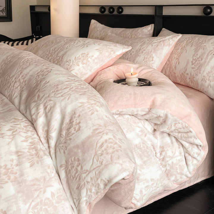 Milk fiber fleece bedding set, winter warm, floral