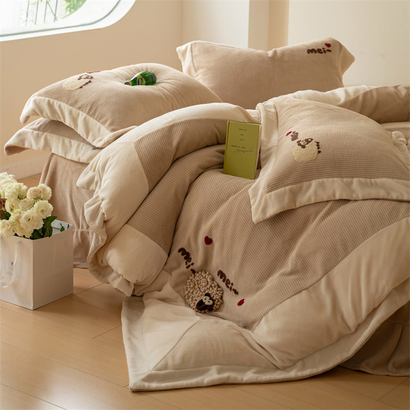 Milk fiber fleece bedding set, waffle texture, 4-piece