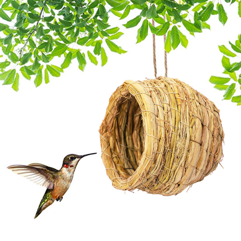 Braided birdhouse made of natural grass