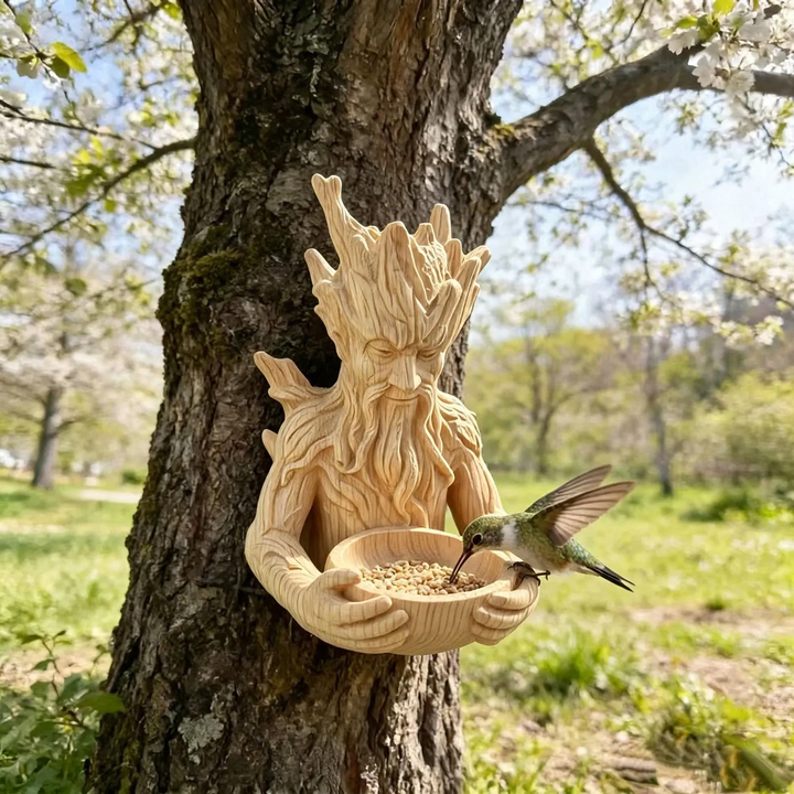 Creative tree face bird feed station made of wood