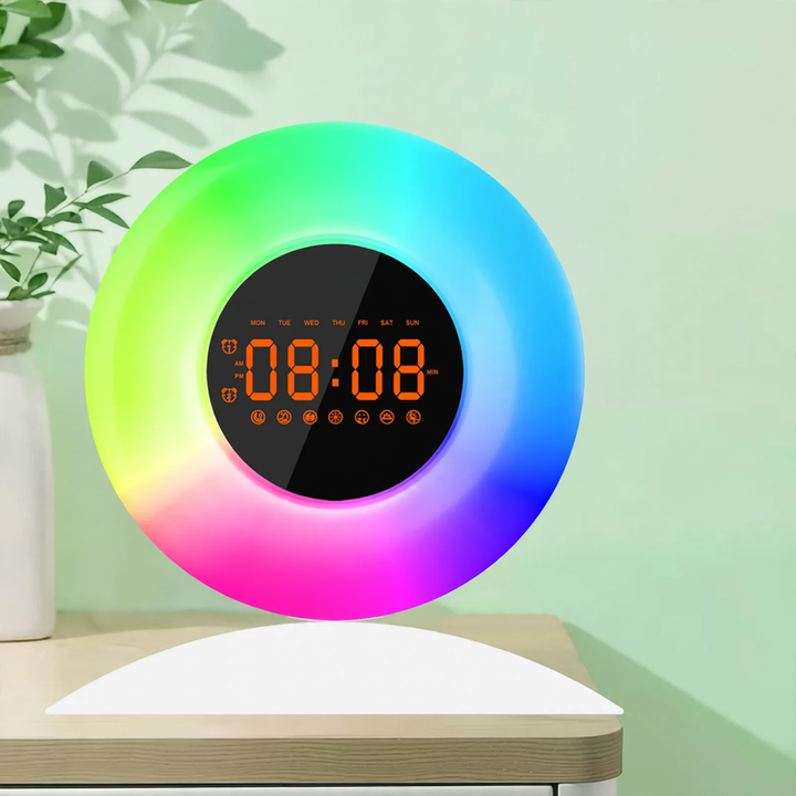 LED daylight alarm clock with FM radio and sunset mode