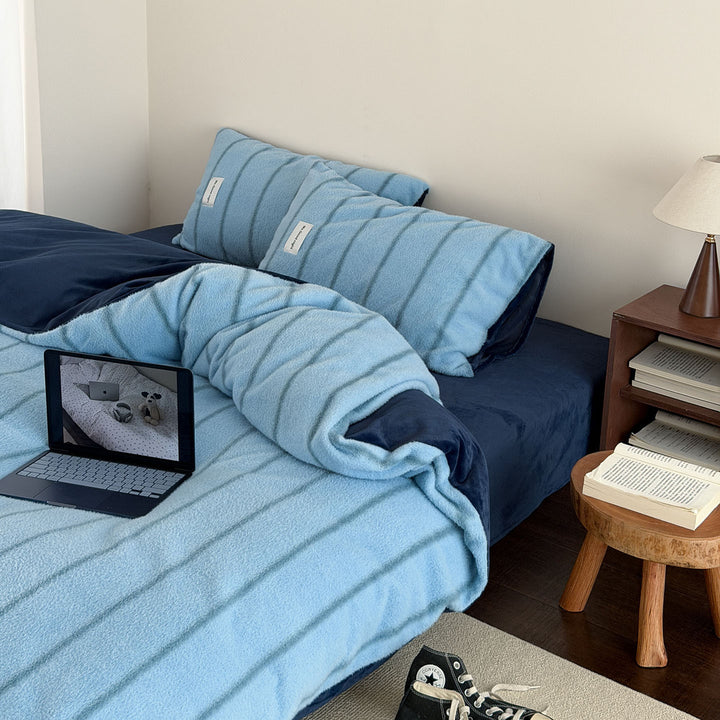 Milk fiber fleece bedding set, striped, thickened
