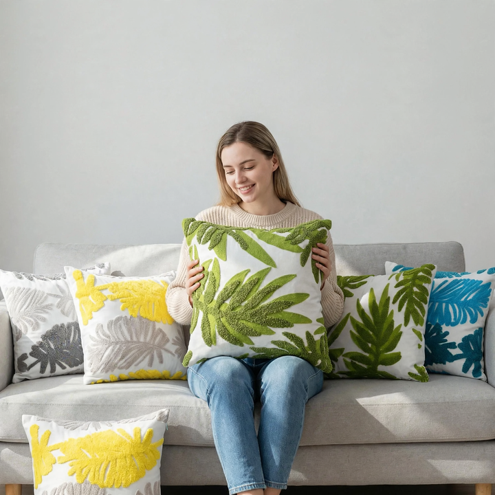 Nordic cushion cover with plant motif, 45×45 cm