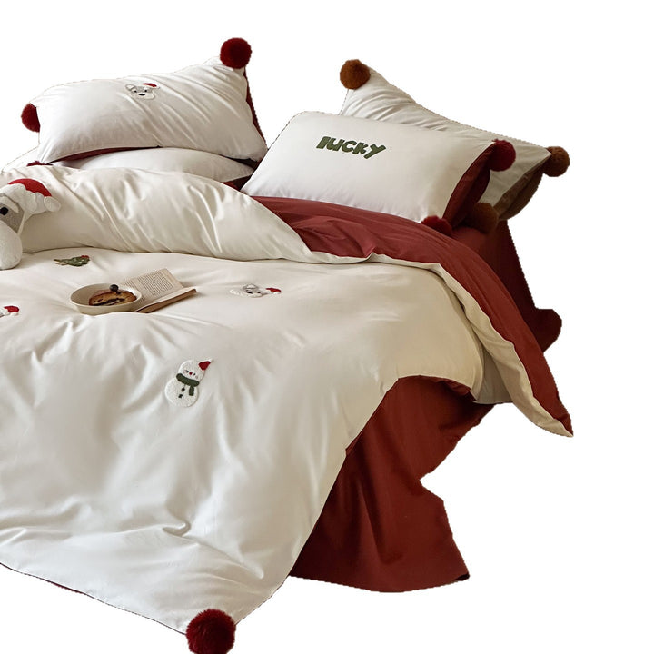 Cotton bedding set, cartoon design, with pom-poms