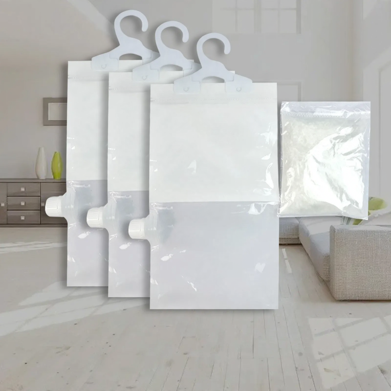 Hanging dehumidifying bag against moisture
