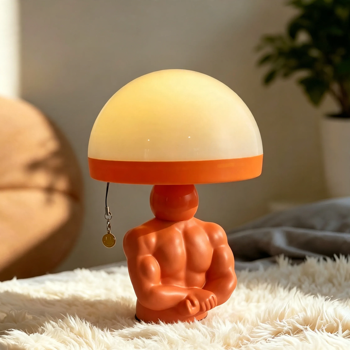 Mushroom table lamp with muscle figure