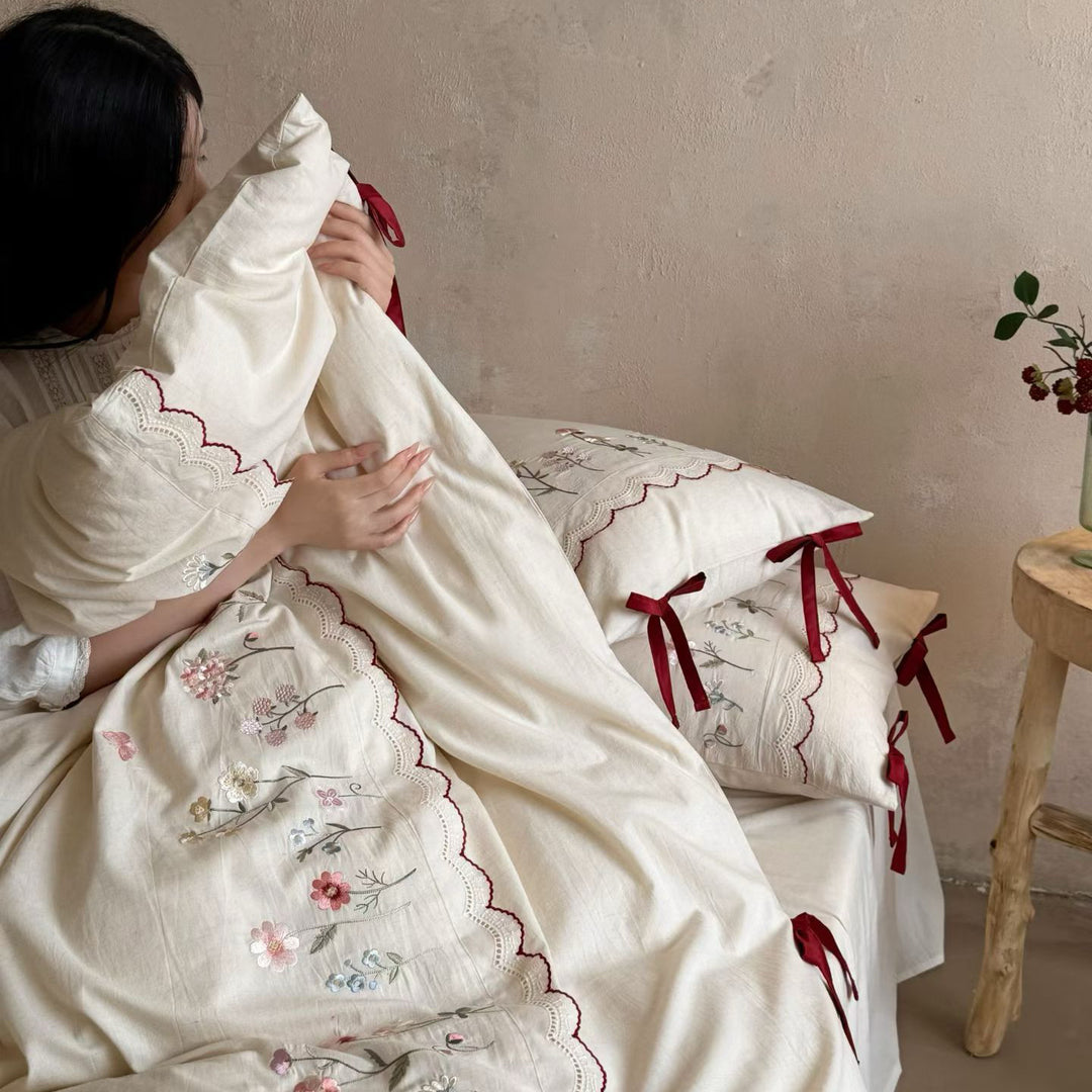 Cotton-linen bedding set, embroidered, French