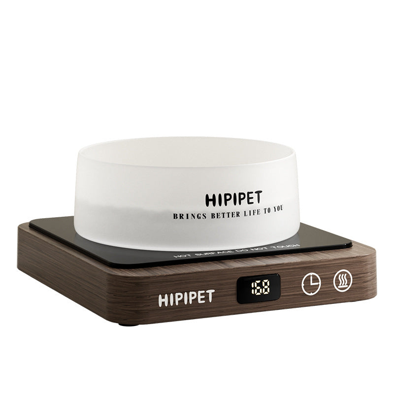 Glass heating bowl with wooden base for pets