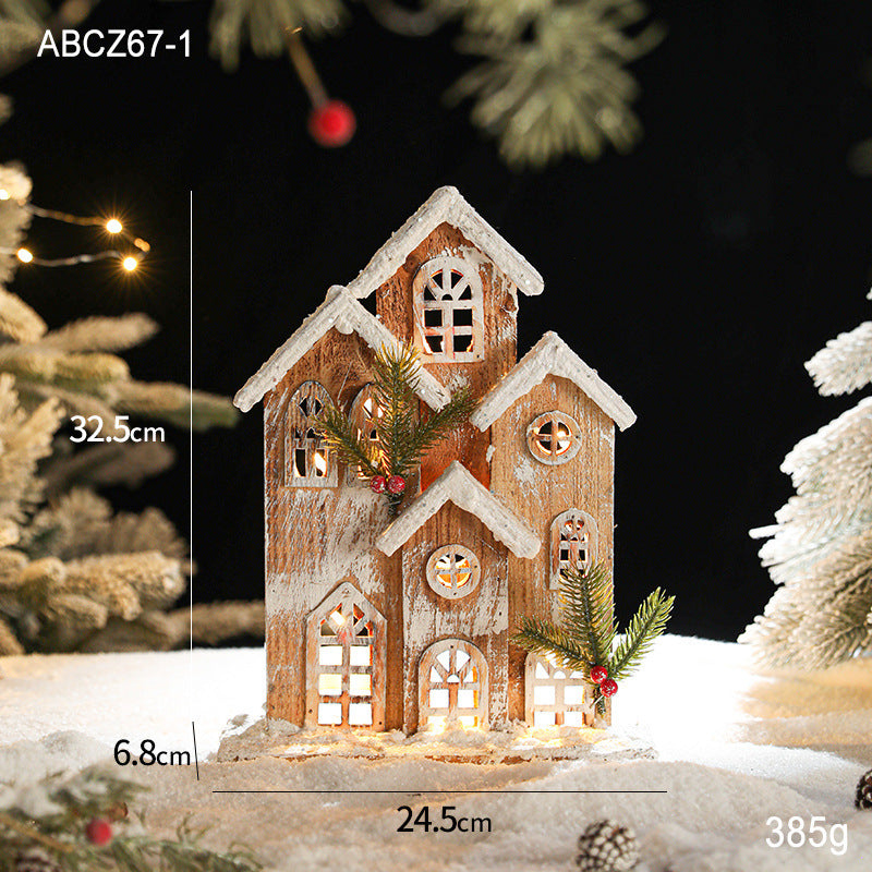Illuminated wooden Christmas house in European retro style