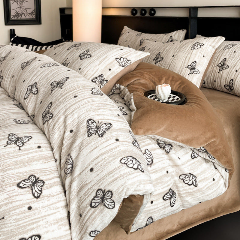 Milk fiber fleece bedding set, winter warm, floral