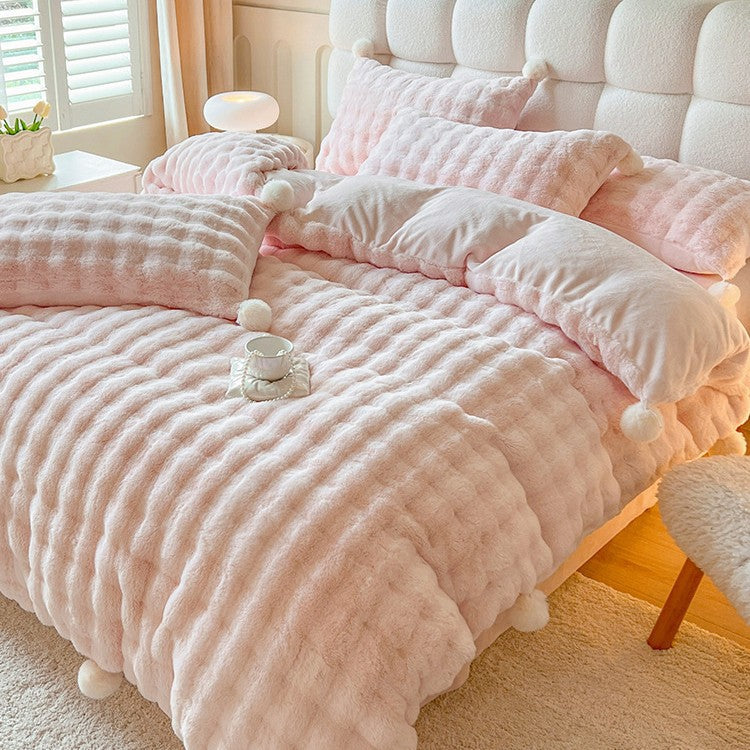 Fluffy milk fiber fleece bedding set with pom-poms