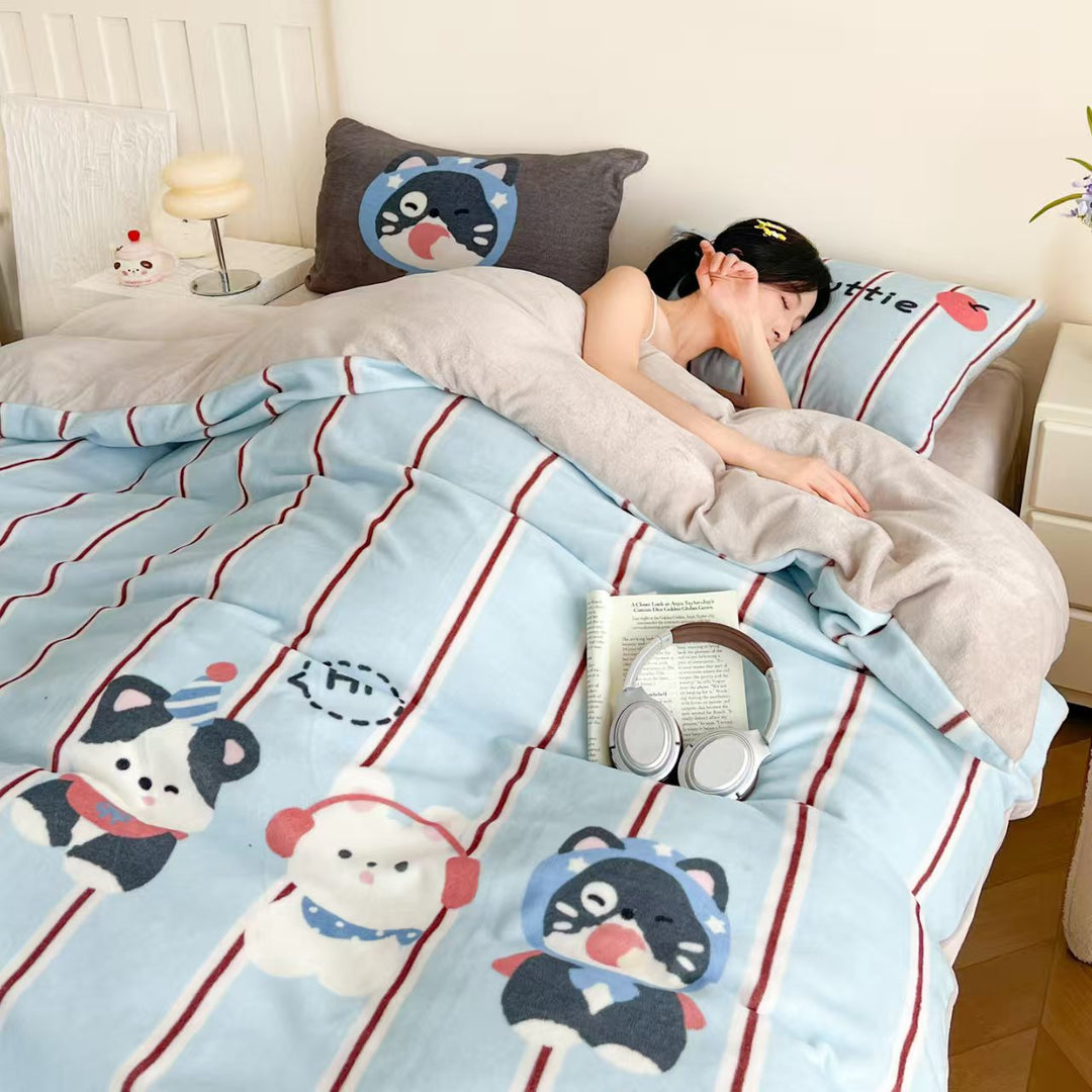 Milk fleece bedding set, cartoon design, warm