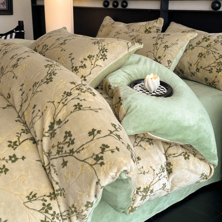 Milk fiber fleece bedding set, winter warm, floral