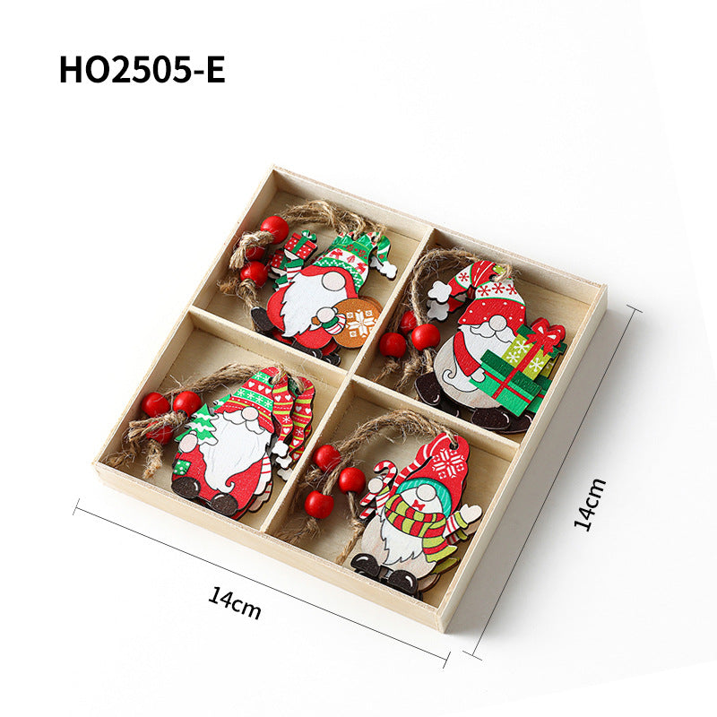 Christmas wooden pendant set, 4-piece box with gnome motifs