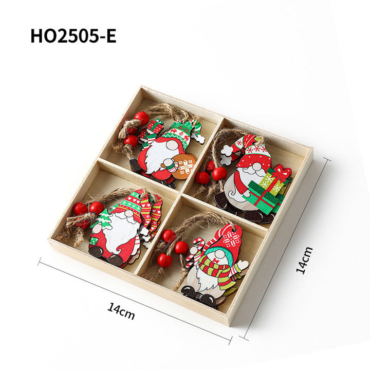Christmas wooden pendant set, 4-piece box with gnome motifs