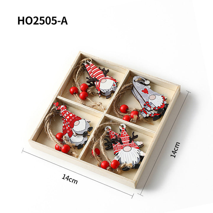 Christmas wooden pendant set, 4-piece box with gnome motifs
