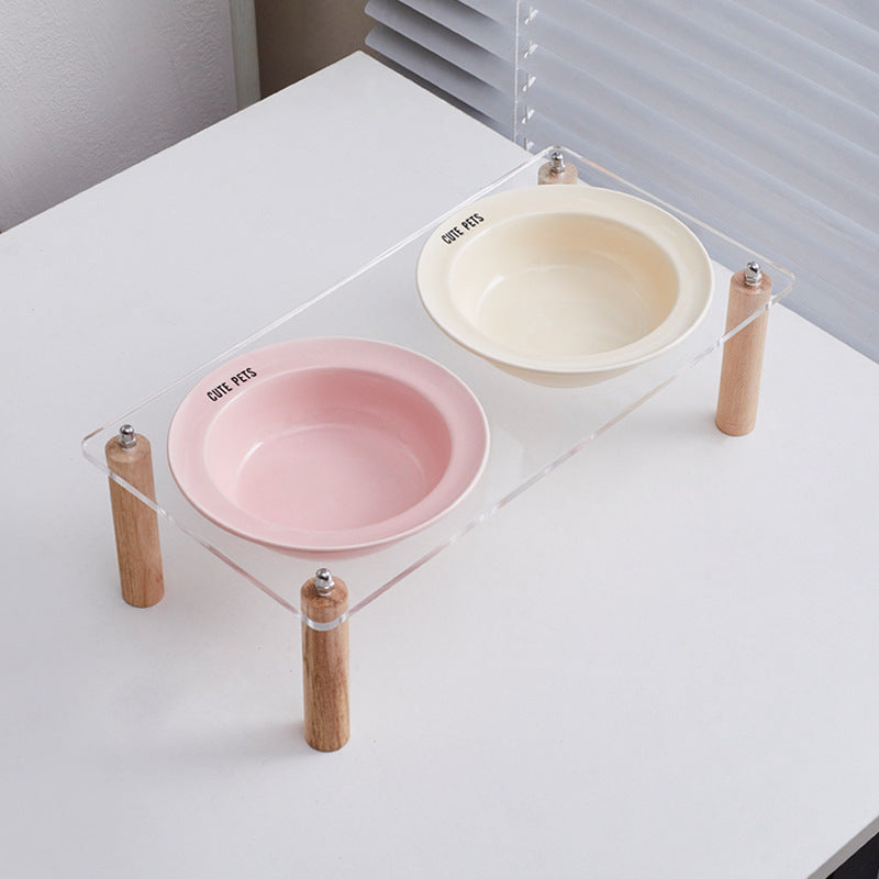 Ceramic double bowl with elevated stand