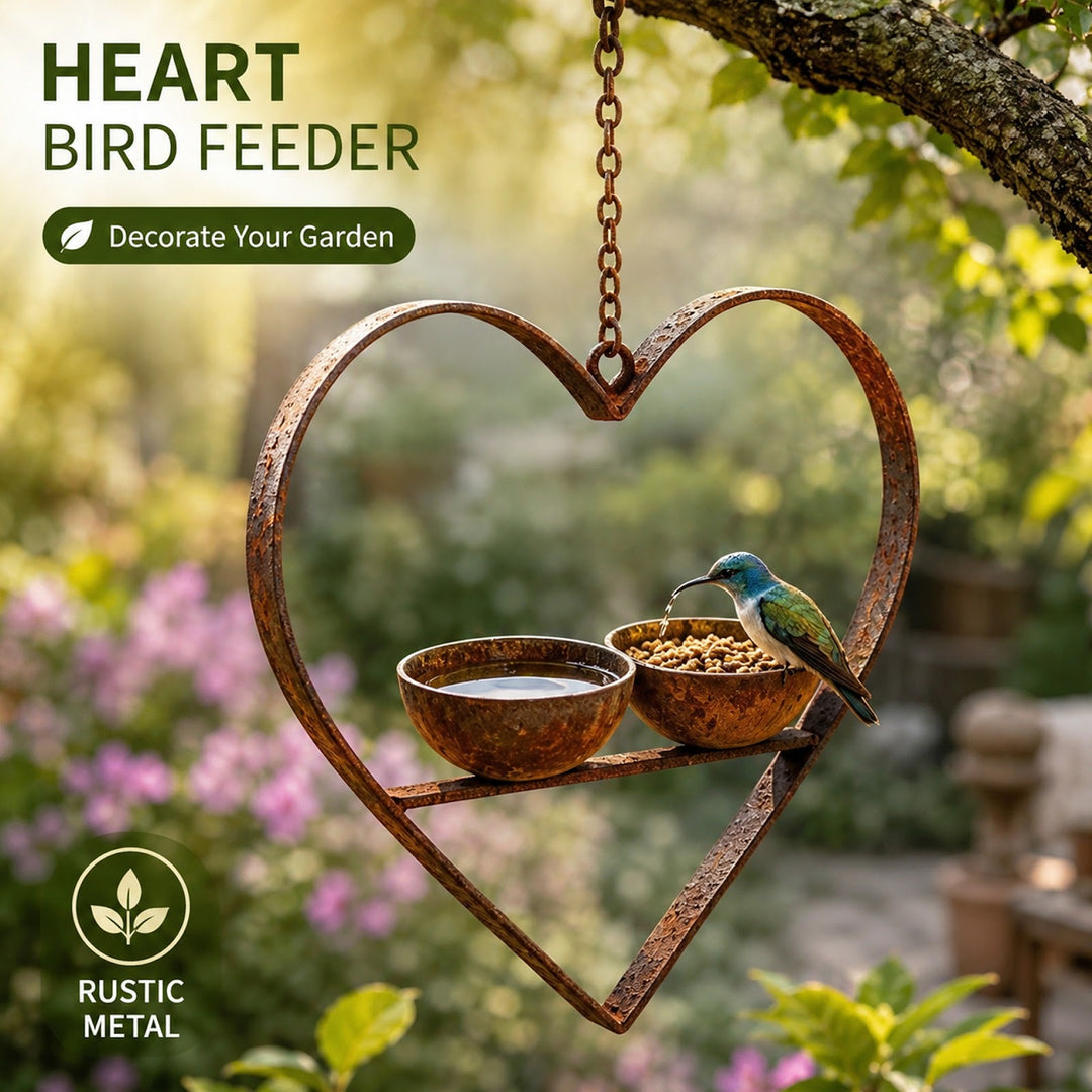 Heart-shaped bird feeder made of metal with two bowls