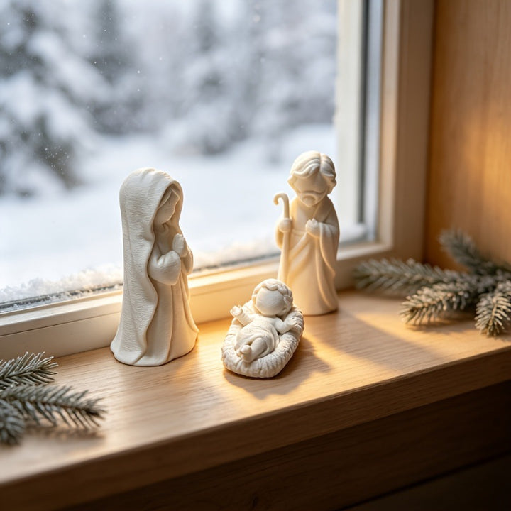 Christmas Nativity Miniature Set with Christmas Trees