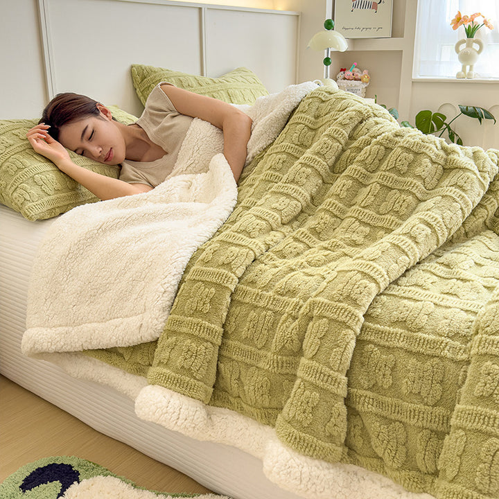 Jacquard sofa blanket with lamb fleece imitation, double-layered