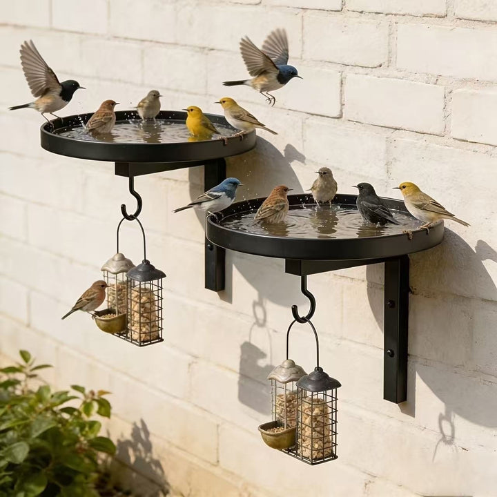 Wall-mounted birdbath made of metal