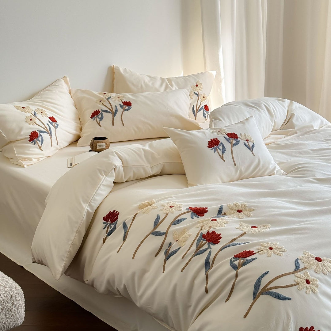 Cotton bedding set, embroidered, brushed, 4-piece