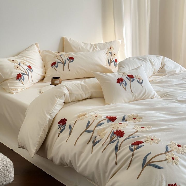 Cotton bedding set, embroidered, brushed, 4-piece